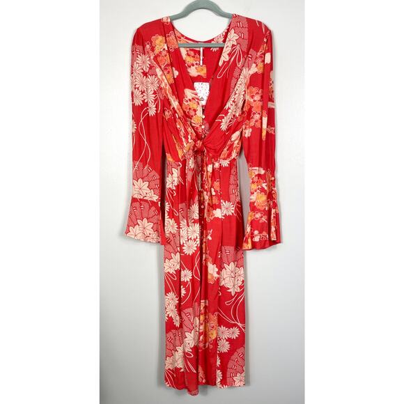 Free People Mixed Print Twist Dress in Red Combo Medium Midi Floral Chic NWT - Picture 1 of 13